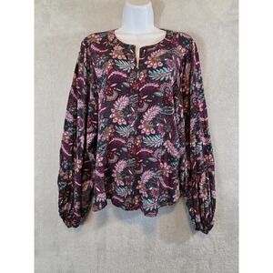 GUC LOFT Blouse Womens Medium Green Dark Floral Botanical Office Casual Academia